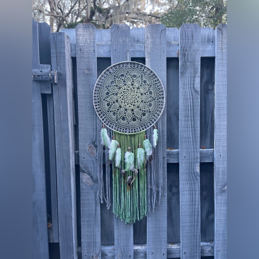 Crocheted Wall Hanging Boho Green Dreamcatcher